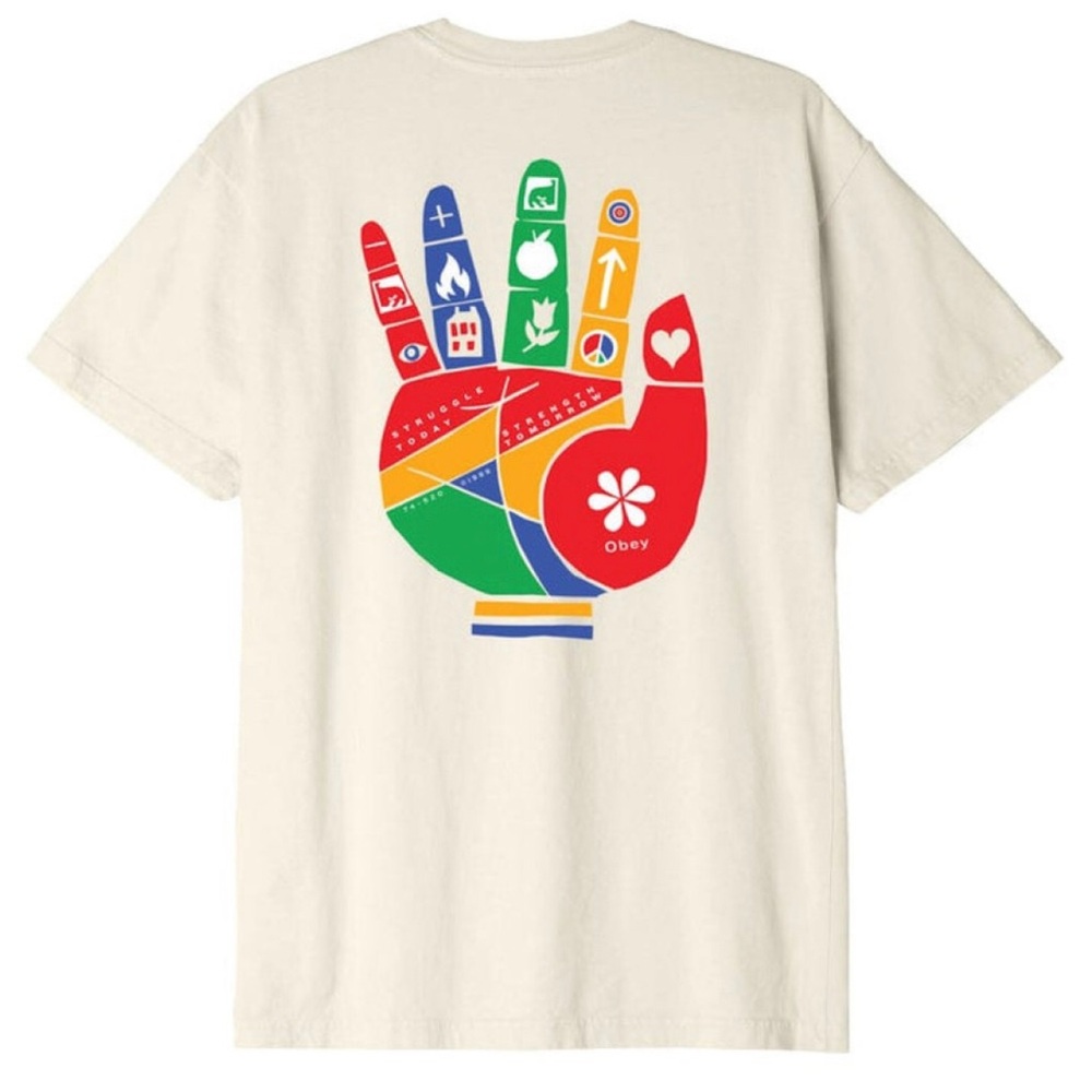 Obey T-Shirt with Colorful Graphic. Tan/Cream/Beige/Nude